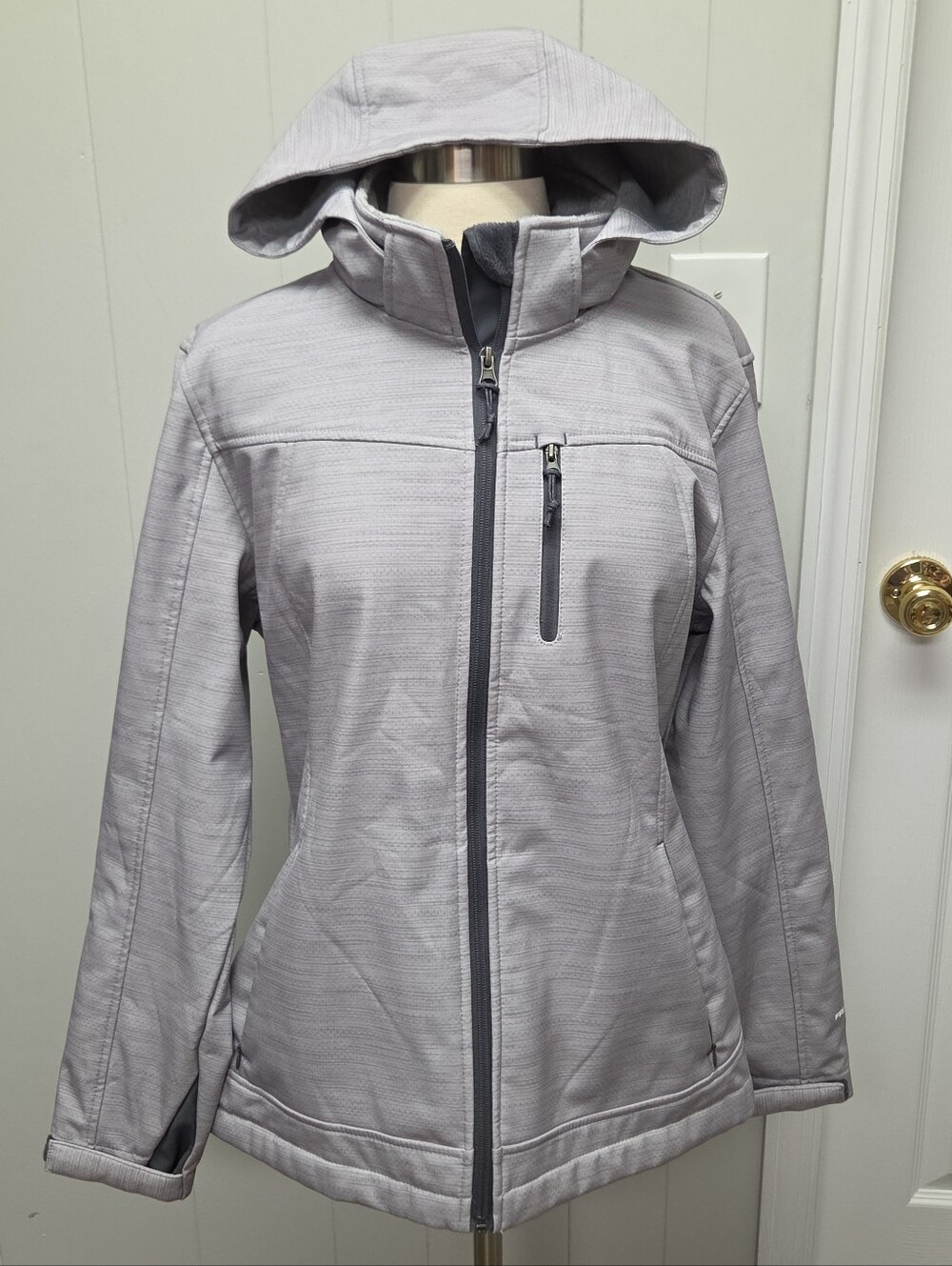 Free Country Rain Coat L Jacket Gray Faux Fur Lined Removable Hood Zip Pockets